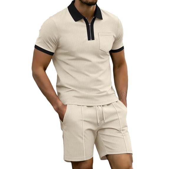 2 Piece Casual Set for Men Knit Quarter Button Shirt with Shorts Half Zip Collared Top Drawstring Shorts Summer Matching Tracksuit L