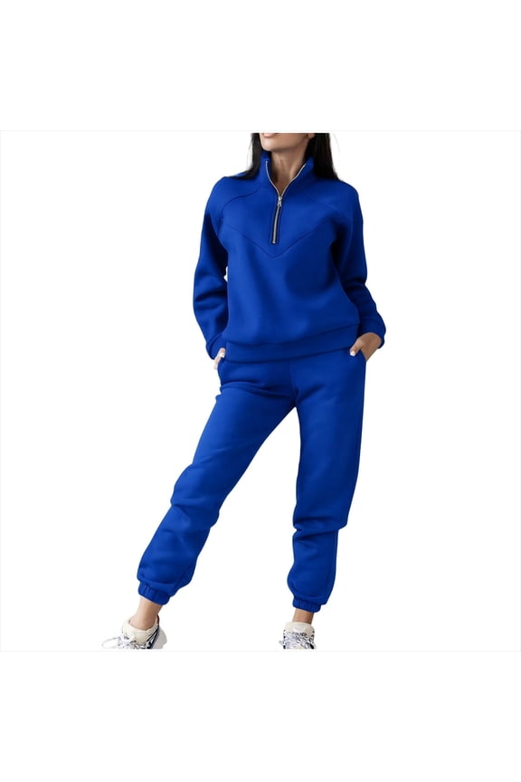 2 Piece Casual Set for Women Stand Collar Long Sleeve Half Zip Lapel Pullover Tops Elastic Waist Joggers Casual Suit (L, Blue)