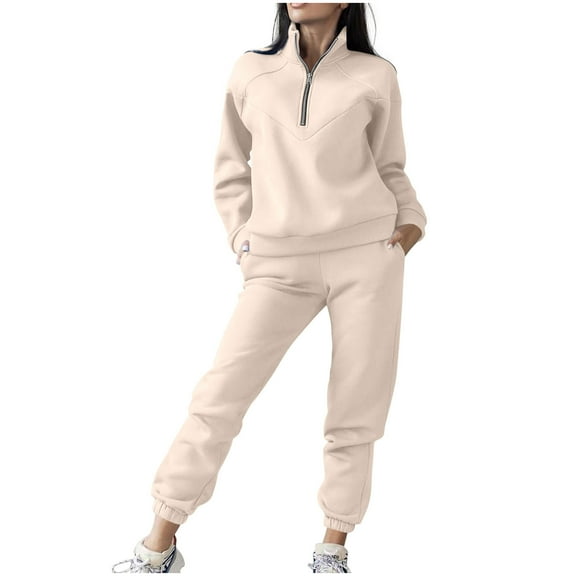 2 Piece Casual Set for Women Stand Collar Long Sleeve Half Zip Lapel Pullover Tops Elastic Waist Joggers Casual Suit (XL, Beige)