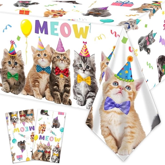 2 Piece Cat Birthday Tablecloths Meow Kitten Theme Plastic Table Covers