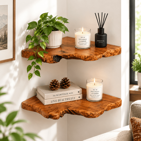 2-Piece Cedar Root Wood Live Edge Floating Corner Shelves, 12x12x2 Inches