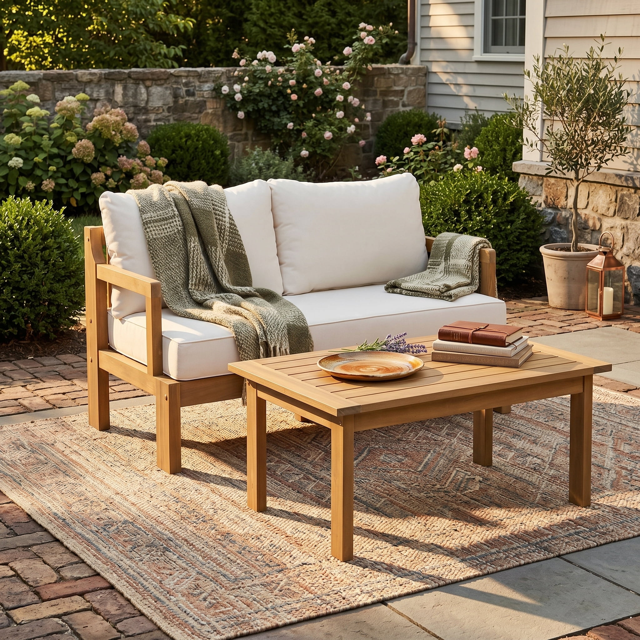 2 Piece Chat Set, Outdoor Acacia Wood Patio Furniture for Garden, Natural and Beige