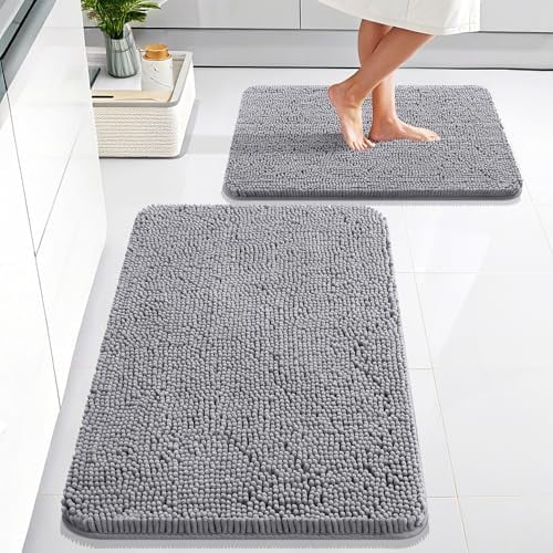 2-Piece Chenille Bathroom Rugs Set - Non-Slip Quick Dry Machine Washable (30"x20"+24"x16", Grey)