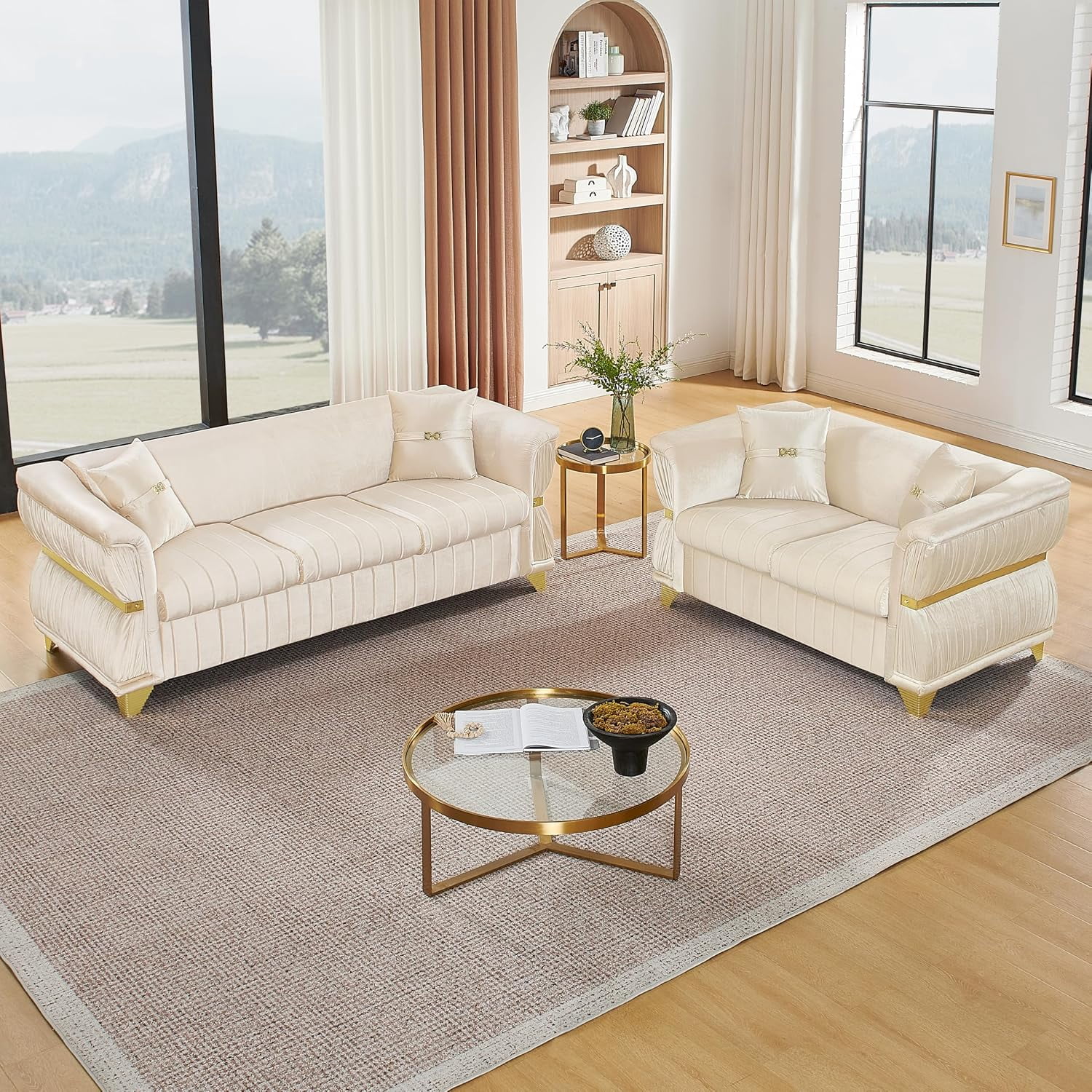 2 Piece Chesterfield Sofa Set, Luxury Velvet Couch with Gold Accents, Beige | Loveseat & 3-Seater Cloud Couch, Gold Metal Decor, Pleated Arms, Velvet Upholstery, For Living Room, Villa, 4 Pillows