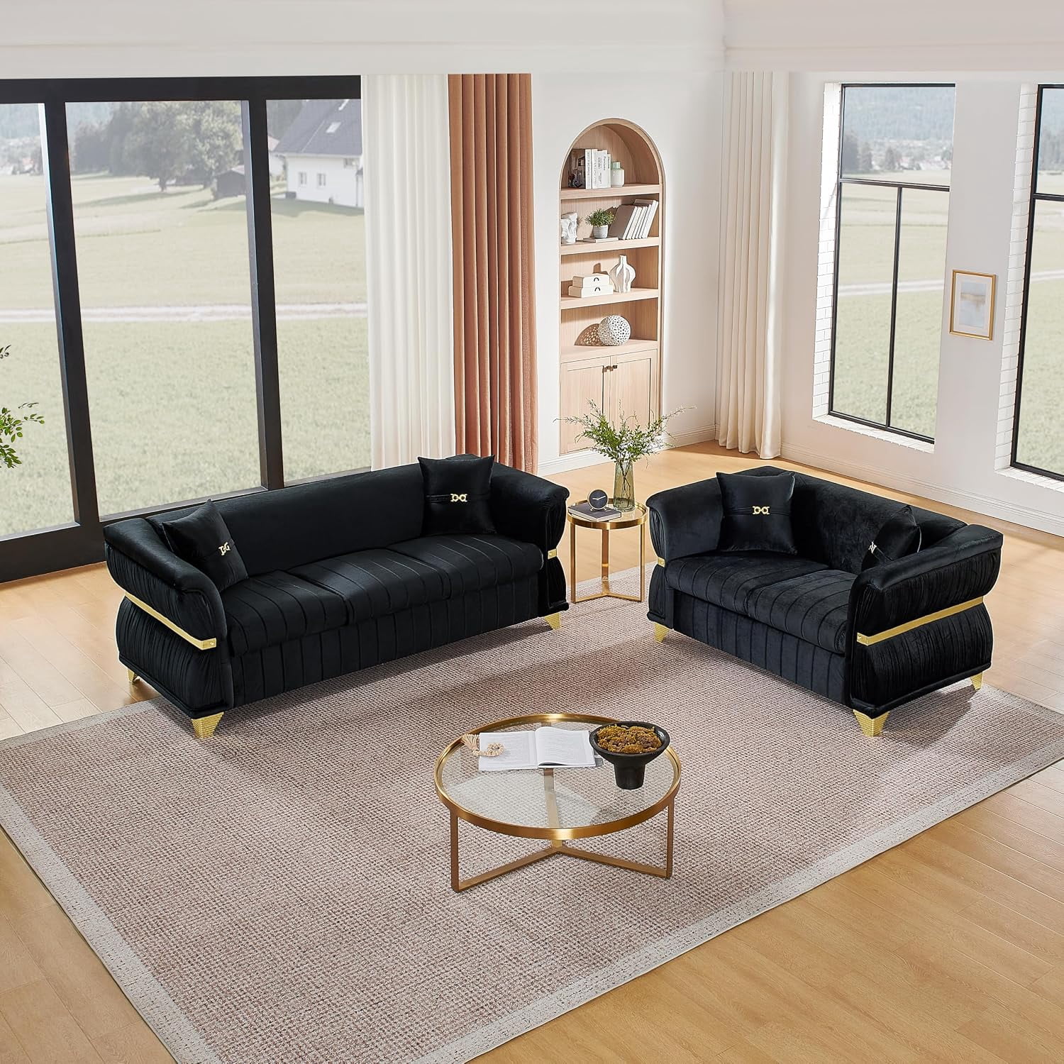 2 Piece Chesterfield Sofa Set, Luxury Velvet Couch with Gold Accents, Black | Loveseat & 3-Seater Cloud Couch, Gold Metal Decor, Pleated Arms, Velvet Upholstery, For Living Room, Villa, 4 Pillows
