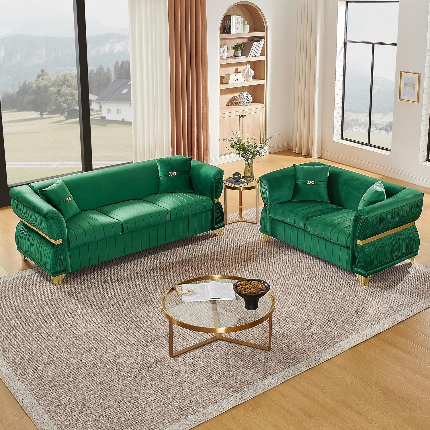 2 Piece Chesterfield Sofa Set, Luxury Velvet Couch with Gold Accents, Green | Loveseat & 3-Seater Cloud Couch, Gold Metal Decor, Pleated Arms, Velvet Upholstery, For Living Room, Villa, 4 Pillows