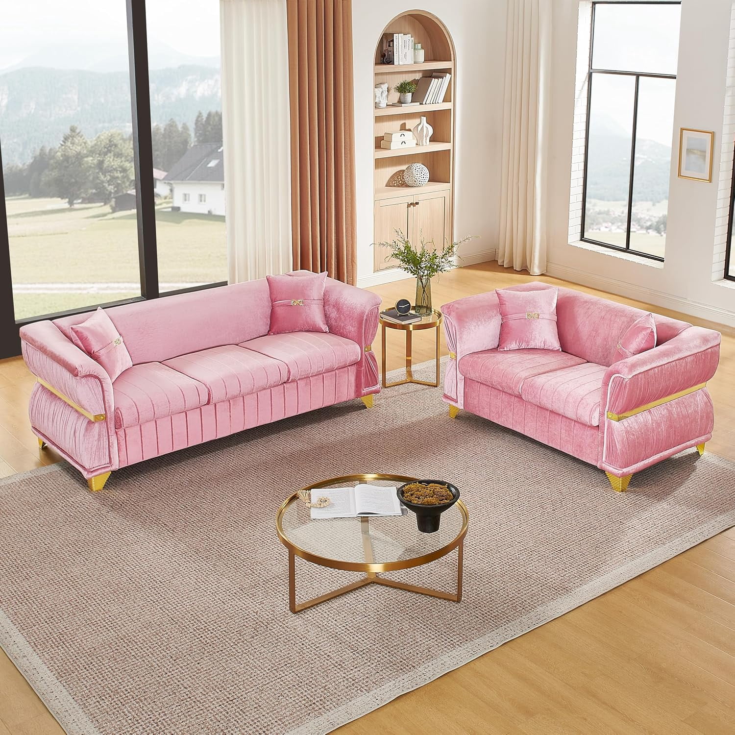 2 Piece Chesterfield Sofa Set, Luxury Velvet Couch with Gold Accents, Pink | Loveseat & 3-Seater Cloud Couch, Gold Metal Decor, Pleated Arms, Velvet Upholstery, For Living Room, Villa, 4 Pillows