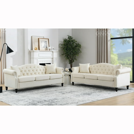 2-Piece Chesterfield Velvet 3 Seater Sofa, Modern Upholstered Couch with 4 Pillows, Lounge Sofa for Living Room, Bedroom, Apartment, Office, Beige