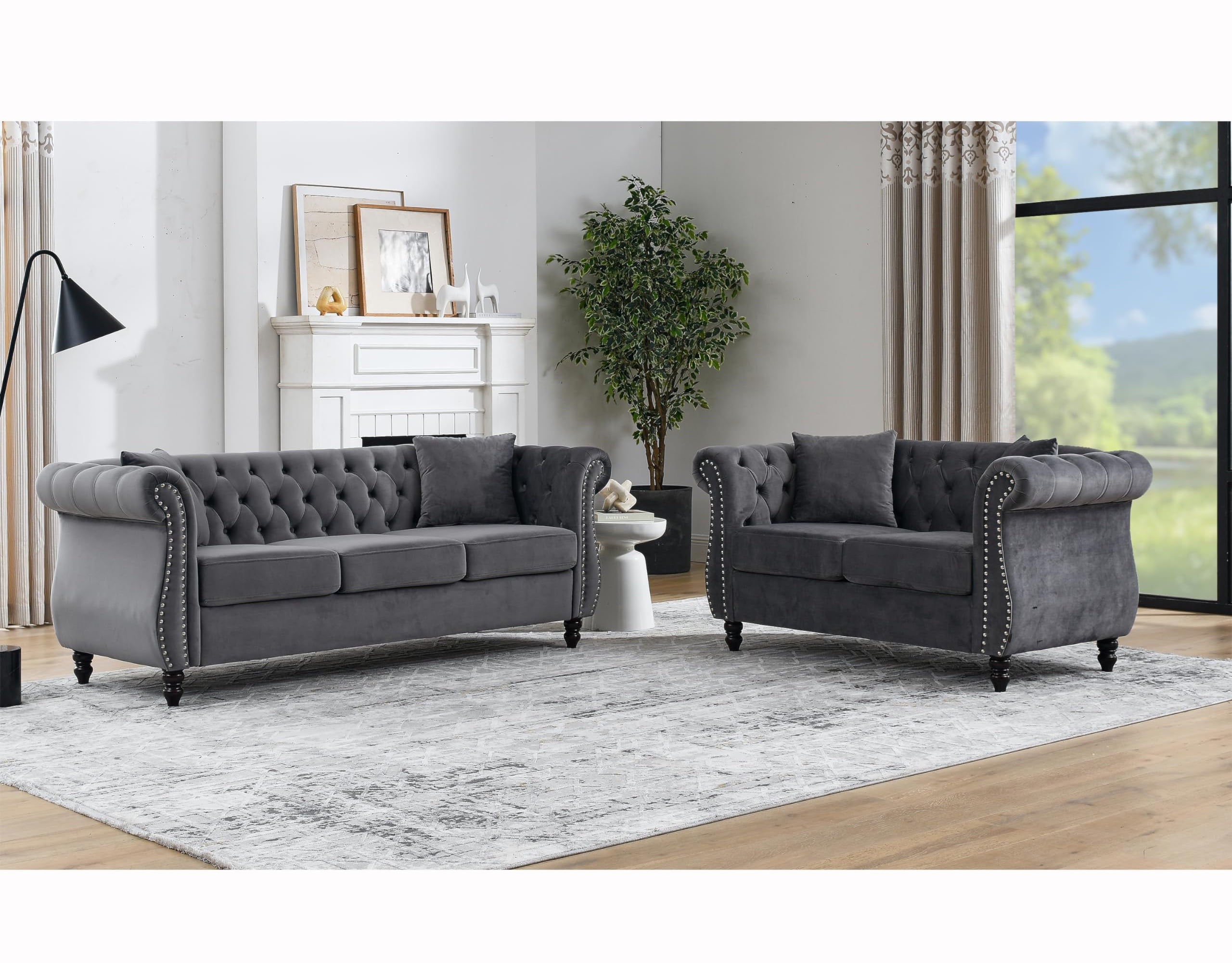 2 Piece Chesterfield Velvet Sofa, 80" 3Seater and 59" Loveseat Sofa
