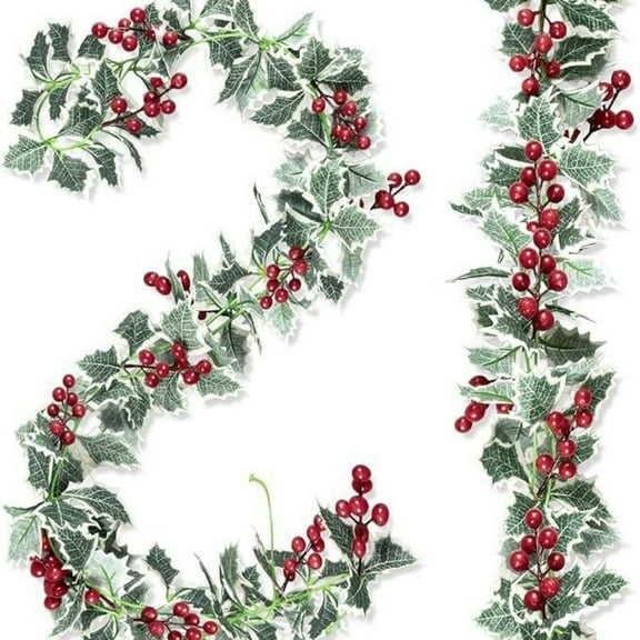 2-Piece Christmas Berry Holly Leaves Garland, Faux Garland with Snowy Red Berries for Christmas Wedding Party Decoration, Hanging Vine