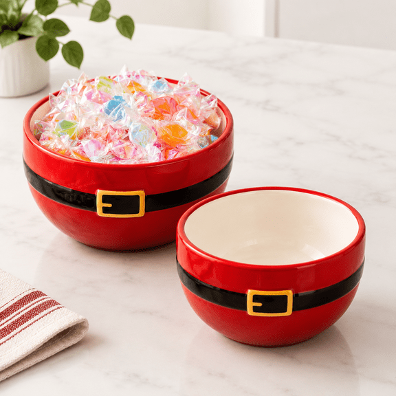 2-Piece Christmas Ceramic Serving Bowl Set with Santa Belt Design