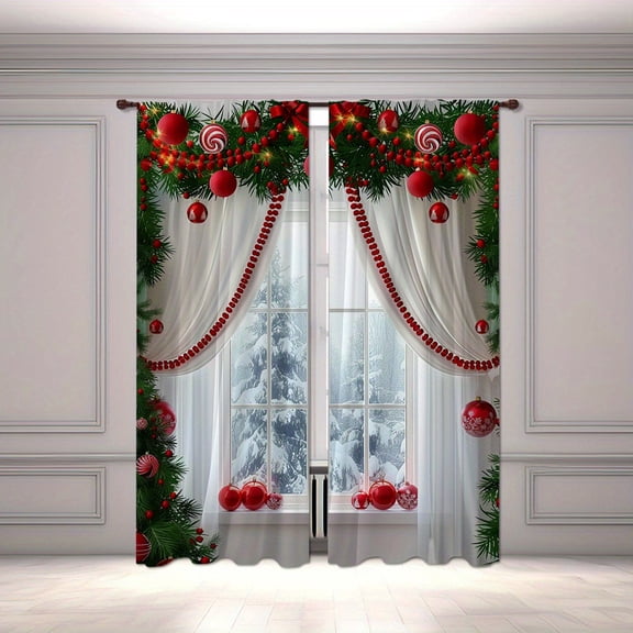 2-Piece Christmas Digital Printing Curtain with Green Leaf Edge-Living Room, Bedroom, Kitchen and Office Decorations Pole Design