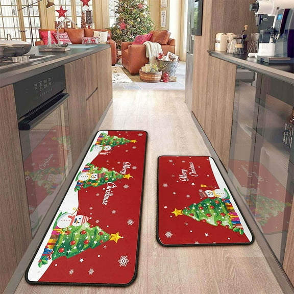 2-Piece Christmas Kitchen Mat Set, L-Shape Non-Slip Floor Mats 16x24 & 16x47 Inch, Absorbent Holiday Rugs for Kitchen Sink and Entryway DecorB
