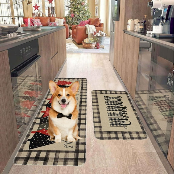 2-Piece Christmas Kitchen Rug Set, Non-Slip 16x24 & 16x48 Inch Mats with Oil-Resistant Backing, Festive Holiday Floor Decor for Kitchen Entryway C