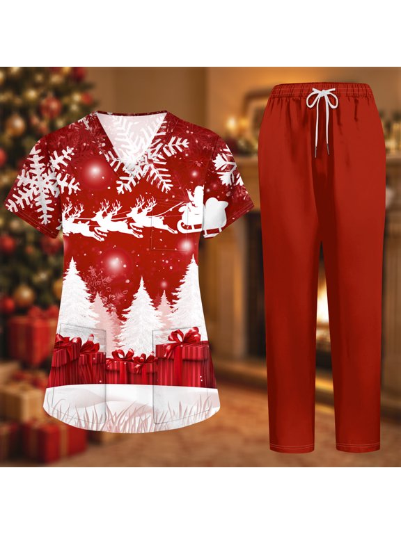 2-Piece Christmas Nurse Scrub Set for Women, V-Neck Short Sleeve Top, Elastic Straight Leg Pants, Lightweight Breathable Medical Work Uniform - 02-Red - M
