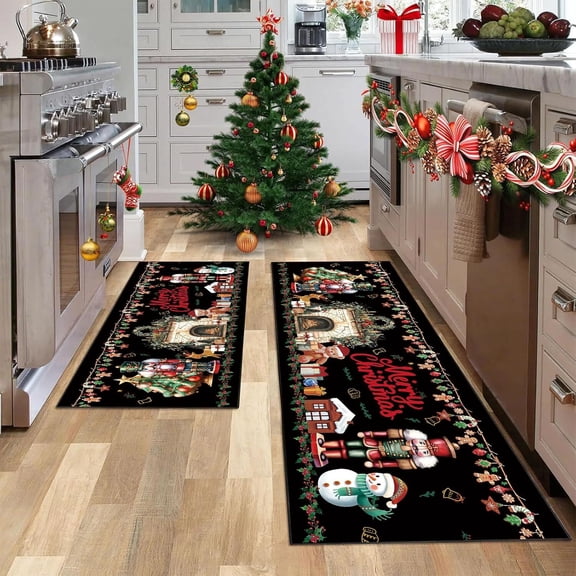2 Piece Christmas Nutcracker Themed Kitchen Rug Set,Winter Merry Christmas Decor Mats,Absorbent Non-Slip Kitchen Floor Mat 17x30+17x47 Inches