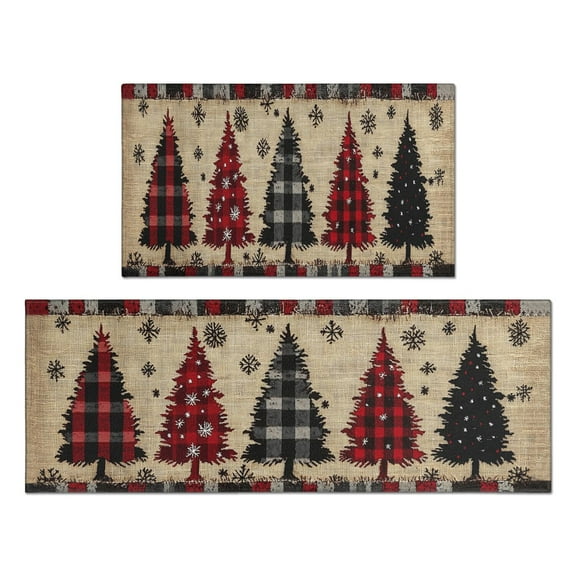 2 Piece Christmas Plaid Kitchen Rug Sets Christmas Pine Tree Kitchen Floor Mat Anti Fatigue Rugs for Kitchen Floorfor Farmhouse Door (47x17+30x17 inches)