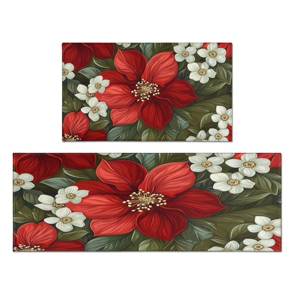 2 Piece Christmas Plaid Kitchen Rug Sets Gingerbread Man Pine Branch Ball Kitchen Floor Mat Absobent Kitchen Rugs and Matsfor Bath Cooking (47x17+30x17 inches)
