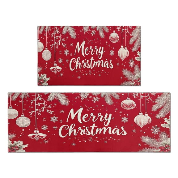 2 Piece Christmas Plaid Kitchen Rug Sets Gingerbread Man Pine Branch Ball Kitchen Runner Absobent Kitchen Rugs and Matsfor Outdoor Bedroom (47x17+30x17 inches)