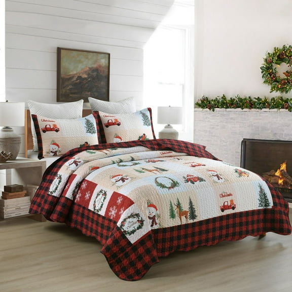 2 Piece Christmas Quilt Set, Rustic Lodge Deer Quilt Bedspread Throw Blanket Lightweight Bedspread Coverlet Comforter -Twin