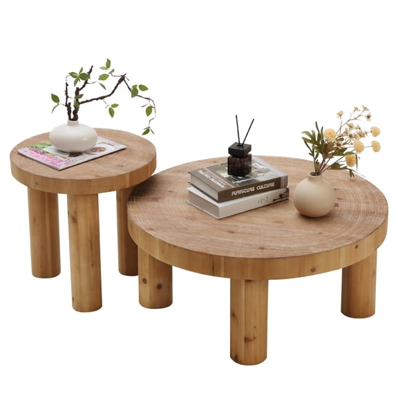 2-Piece Circle Coffee Table Set, Farmhouse Style Wooden Ring Design with Sturdy Pine Legs, Living Room Center Tables for Country Decor (Natural)