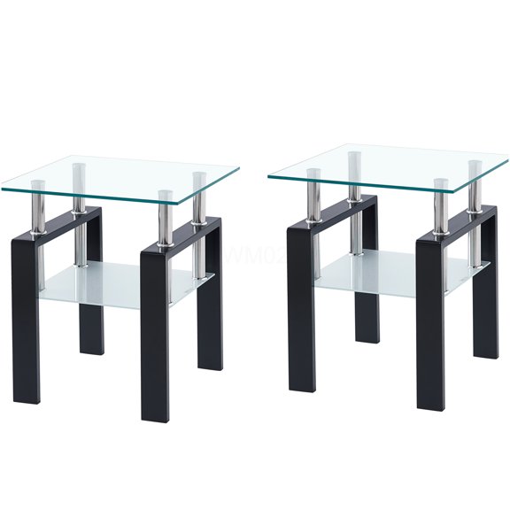 2-Piece Clear Tempered Glass End Table Set, Modern Sofa Side Table with Waterfall Edge Design for Living Room