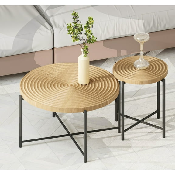 2-Piece Coffee And End Table Set  Waterproof MDF with Pvc Cover, Distressed Cylindrical Design, Black Metal Legs  Classic Rustic Charm, Technical Wood