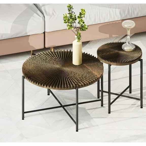 2-Piece Coffee & End Table Set - Waterproof MDF, Rustic Design - Dark Walnut