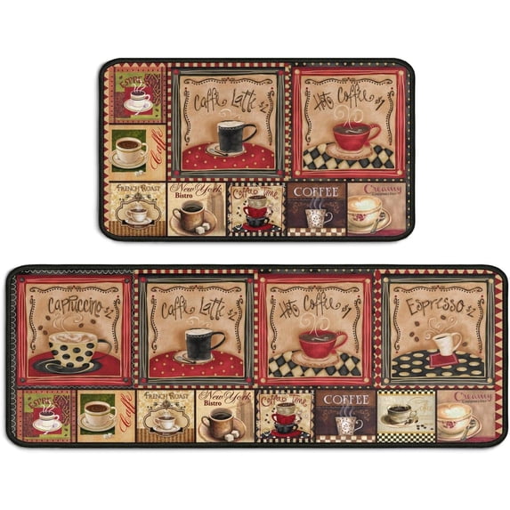 2 Piece Coffee Kitchen Decor Rug Set, Home Kitchen Sink Rugs and Mats Non Skid Washable Absorbent Microfiber Kitchen Floor Carpet 17"x47"+17"x30"