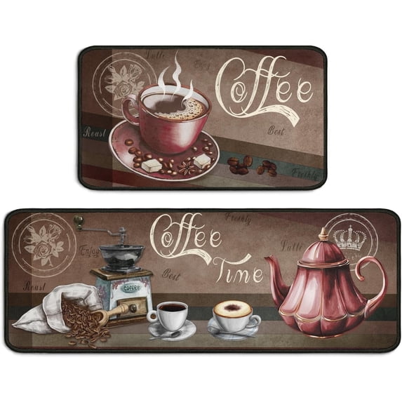 2 Piece Coffee Kitchen Decor Rugs Set, Farmhouse Country Kitchen Rugs and Mats Non Skid Washable Absorbent Microfiber Kitchen Accessories Decoration Floor Mats 17"x47"+17"x30"
