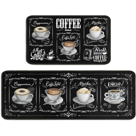 2 Piece Coffee Kitchen Rug Set, Home Farmhouse Black Kitchen Rugs and Mats, Washable Non Skid Absorbent Microfiber Kitchen Floor Decor Mat 17"x 47"+17"x 30"