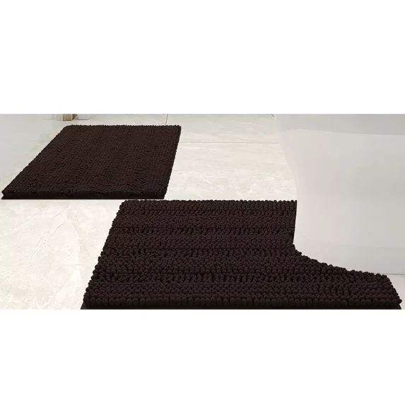 2 Piece Coffee Soft Cozy Plush Chenille Bath Mat & Contour Bath Rug