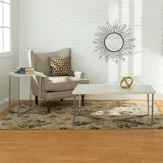 2-Piece Coffee Table Set - White Faux Marble and Chrome