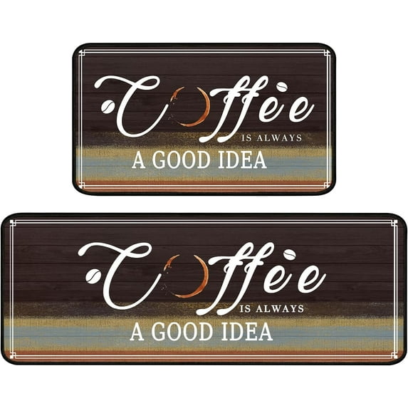 2 Piece Coffee Themed Kitchen Rug Set, Soft and Absorbent Kitchen Floor Mats, Vintage Style Decor 17x30+17x47 Inches