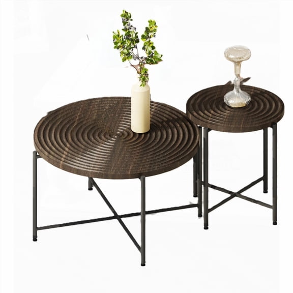 2-Piece Coffee and End Table Set Distressed Cylindrical Design with PVC Cover & Black Metal Legs, Dark Walnut for Various Rooms