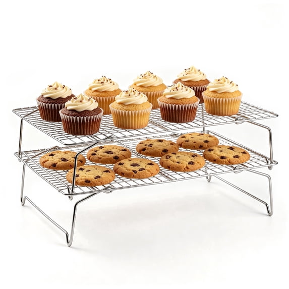 Vesteel 2-Tier Cooling Racks, Stainless Steel Stackable Grid Baking Racks, Collapsible Wire Racks for Cooking Grilling Roasting, Oven & Dishwasher Safe, 15’’ x 10’’