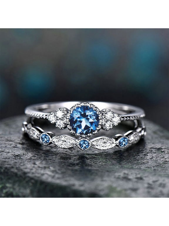 2-Piece Colorful Gemstone Ring Set For Women Elegant Dainty Couple Ring Set With Cubic Zirconia Accents For Daily Wear Parties & Gifting As A Stylish Jewelry Accessory For Any Outfit, Blue#7