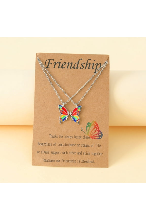 2 Piece Colorful Silver Butterfly Necklace Friendship Couple Jewelry Silver Chain Necklaces for Women Christmas Gifts