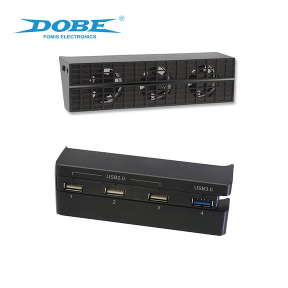 2-Piece Combo Kit Intelligent Temperature Control Cooling Fan & USB Hub for PS4 Slim Console, ABS Heat Dissipation Cooler Port Expander Set