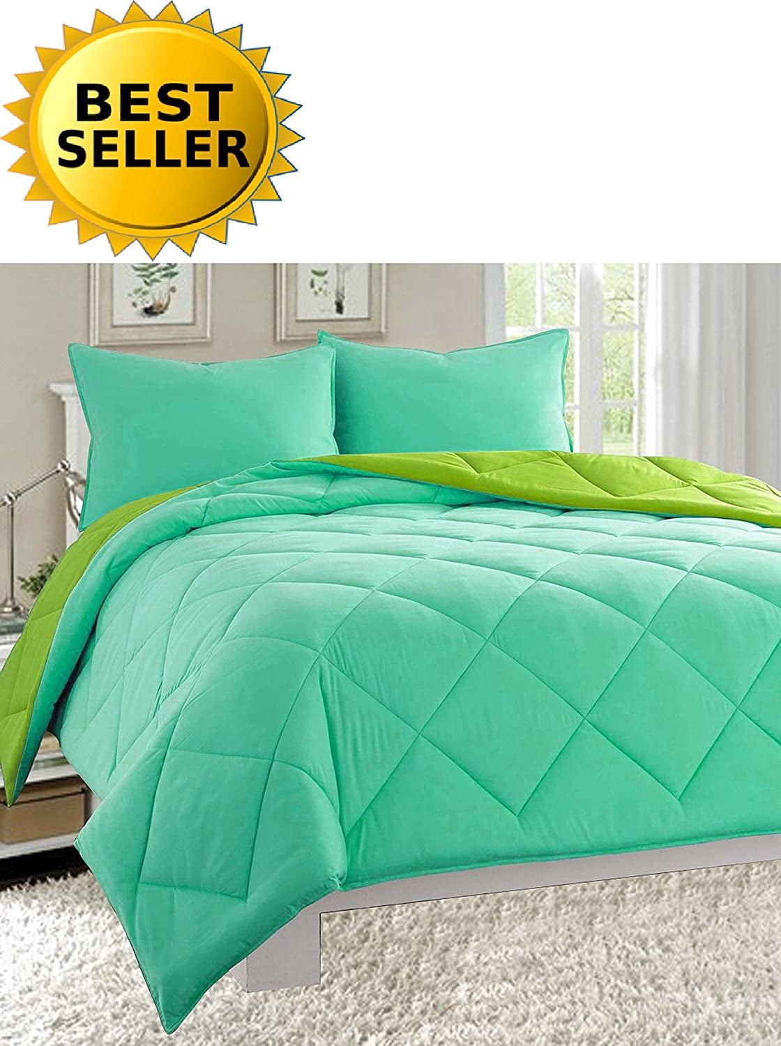 2-Piece Comforter Set - Wrinkle & Fade Resistant- Twin/Twin XL, Aqua/Lime