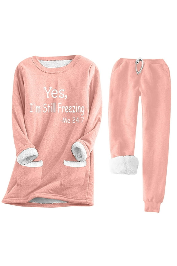 2 Piece Comfy Outfits Thermal Sets for Women Sherpa Fleece Lined Warm Underwear Suits, Loungewear Freezing Pant Set (Large, Pink 03)