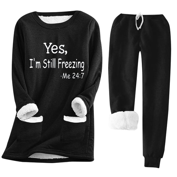 2 Piece Comfy Outfits Thermal Sets for Women Sherpa Fleece Lined Warm Underwear Suits, Loungewear Freezing Pant Set (XX-Large, Black 03)