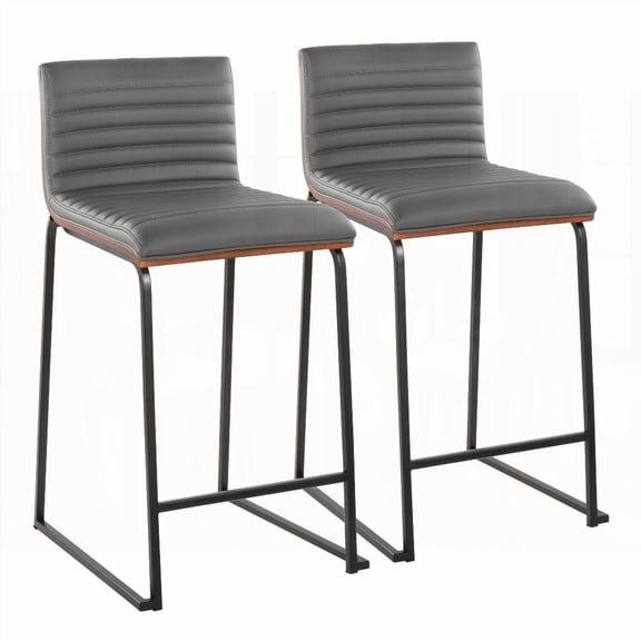2-Piece Contemporary Black Metal & Walnut Wood Counter Stools with Grey Faux Leather - Set for Daily Meals