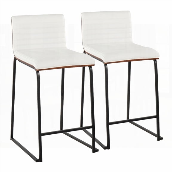 2-Piece Contemporary Dining Chairs - Black Metal, Walnut Wood & White Faux Leather