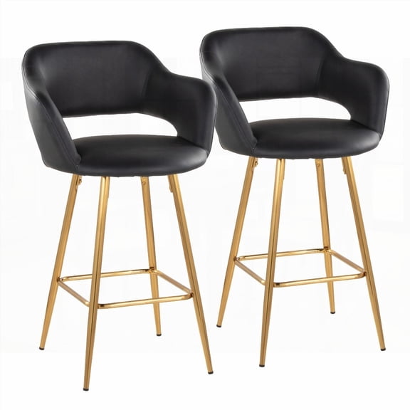 2-Piece Contemporary Gold Metal & Black Faux Leather Counter Stools with Square Footrest by LumiSource