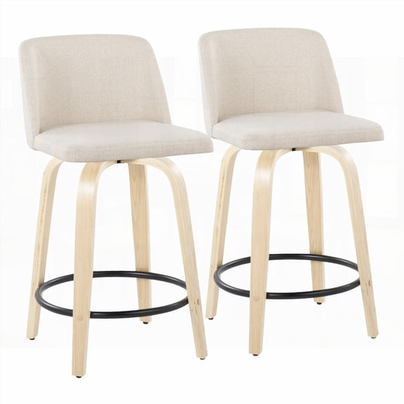 2-Piece Contemporary Natural Wood & Cream Fabric Counter Stools with Round Black Metal Footrest by LumiSource