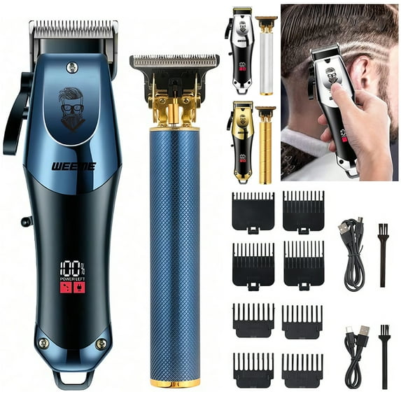 2-Piece Cordless Men's Hair Clipper Kit - USB Rechargeable, LED Display, 8 Guide Combs, Washable, 150/90min Runtime for Home/Barber Shop Grooming