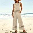 thumbnail image 1 of 2 Piece Cotton Linen Outfit, Women's Lace Trim Sleeveless Top & High Waist Wide Leg Pants for Travel, Beige L, 1 of 8