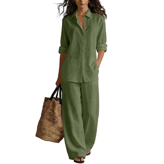 2 Piece Cotton Linen Outfits for Women Button Up Long Sleeve Shirt and Pants Set with Pockets Wide Leg Elastic Waist Outfit Loose-Fit Breathable Summer Travel Casual Activewear,Camouflage Green L