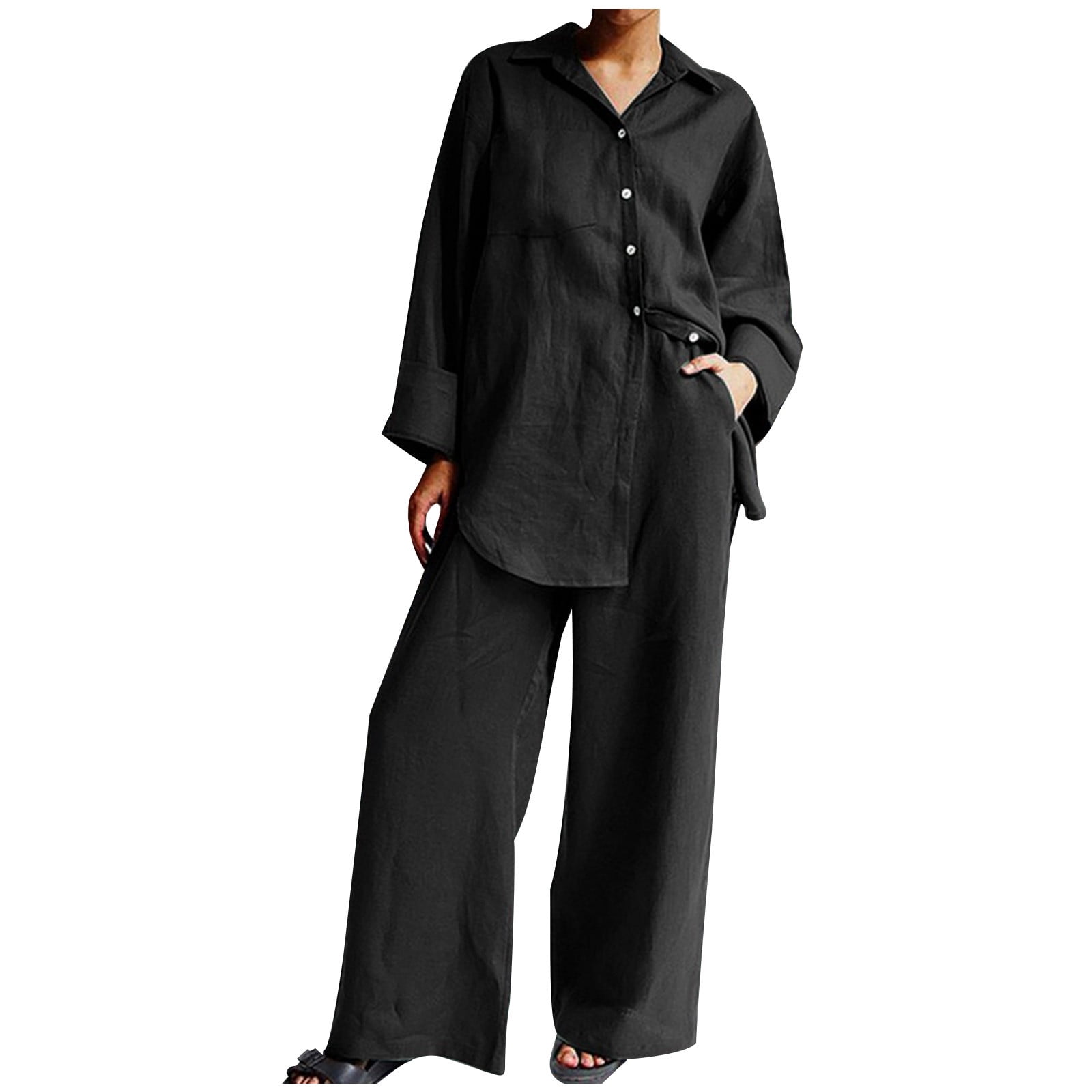 Women 2 Piece Outfits Long Sleeve Lapel Neck Loose Button Down Shirt  Elastic High Waisted Wide Leg Trousers (A-Black, M) : : Fashion
